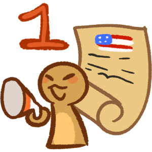 A yellow-tinted scroll, curled up at the bottom, with a simplified USA flag and squiggles on it. In front is a person shouting into a megaphone.